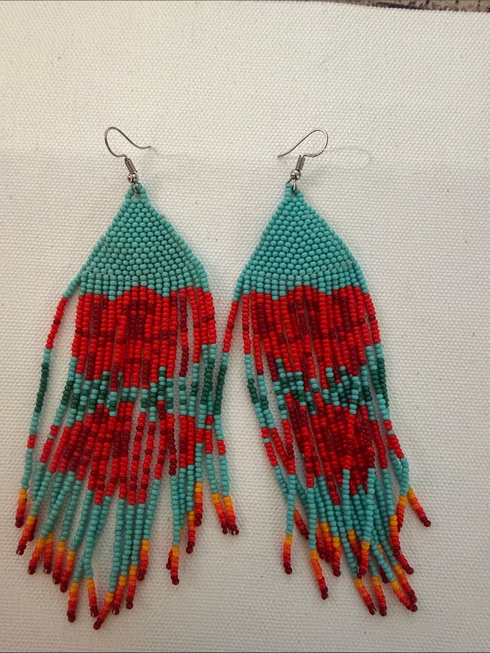 Handmade Turquoise & Red Roses Beaded Fringe Earrings
